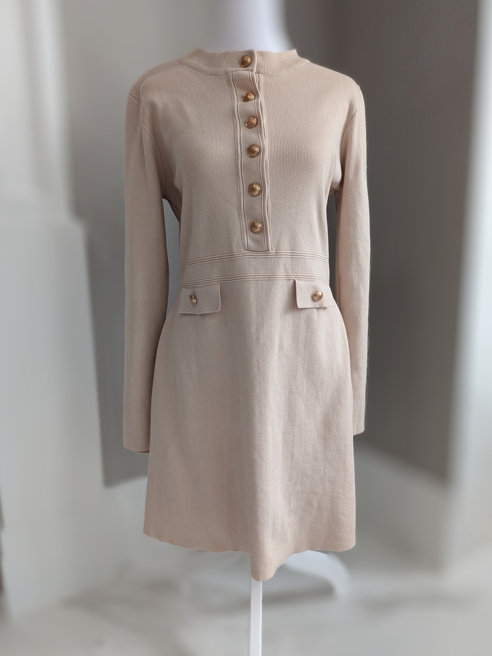 SHEIN Beige Long Sleeve Button-Front Knit Dress-Size 12